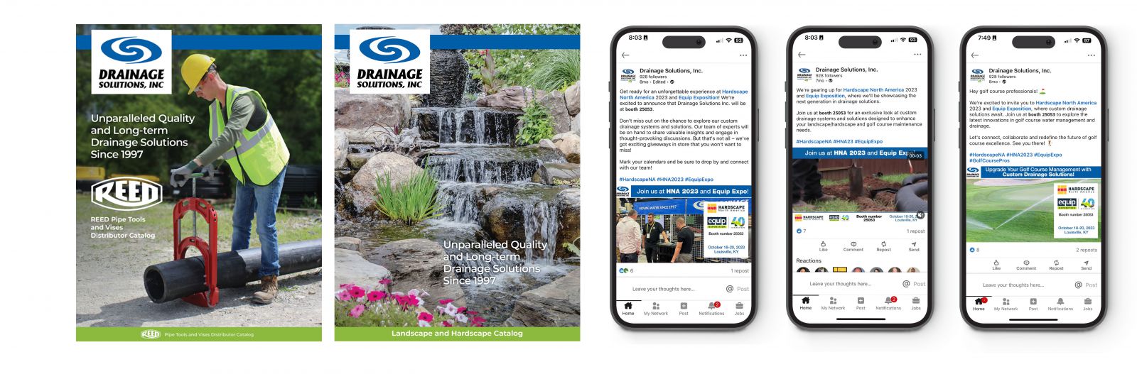 Tradeshow collateral and social media marketing posts created for Drainage Solutions, Inc.